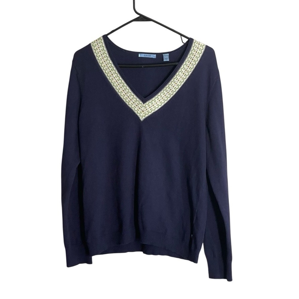 IZOD Sweater Large V-Neck Long Sleeve Lightweight Cotton Angora Preppy Academia